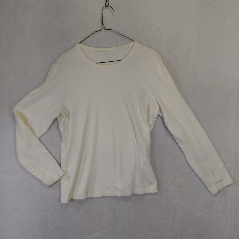 LL Bean Womens Long Sleeve Crewneck Top Cream Off White Size M Classic Knit